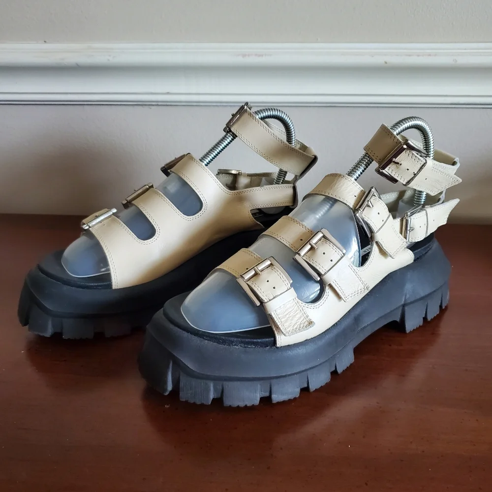 Topshop Size‎ 5 (38) Women's Leather Gladiator Block Buckle Sandals Cream - Picture 6 of 15